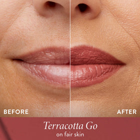 LAURA GELLER NEW YORK on lips in Terracotta Go demonstrating natural warm tint and shine