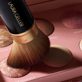 LAURA GELLER NEW YORK model wearing glow from palette demonstrating radiant cheek and highlight