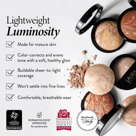 LAURA GELLER NEW YORK powder brush sweeping product onto skin for even, buildable coverage