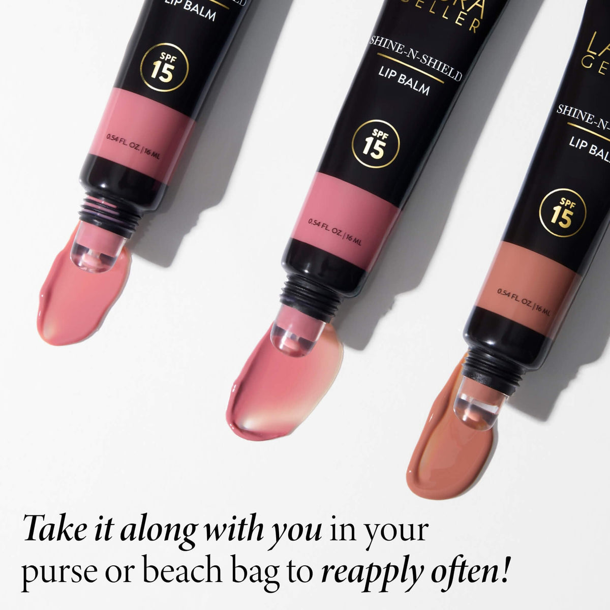 LAURA GELLER NEW YORK lip balm in hand illustrating compact travel-friendly size
