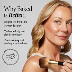 LAURA GELLER NEW YORK model applying bronzer to cheeks for natural sun-kissed look