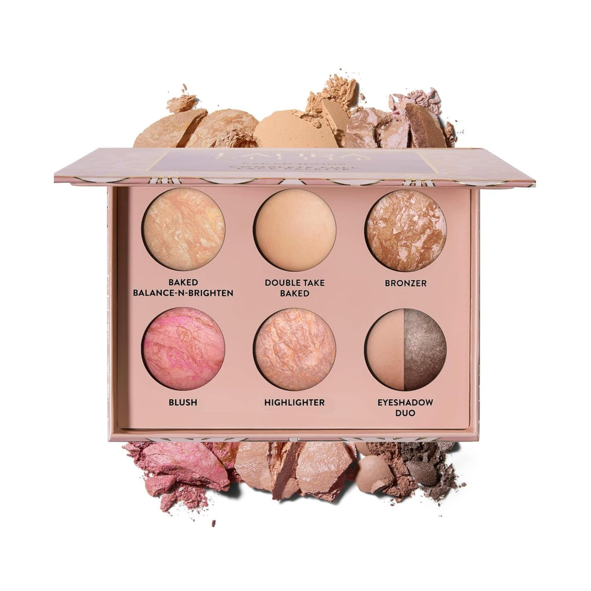 LAURA GELLER palette front open showing all shades and portability benefit