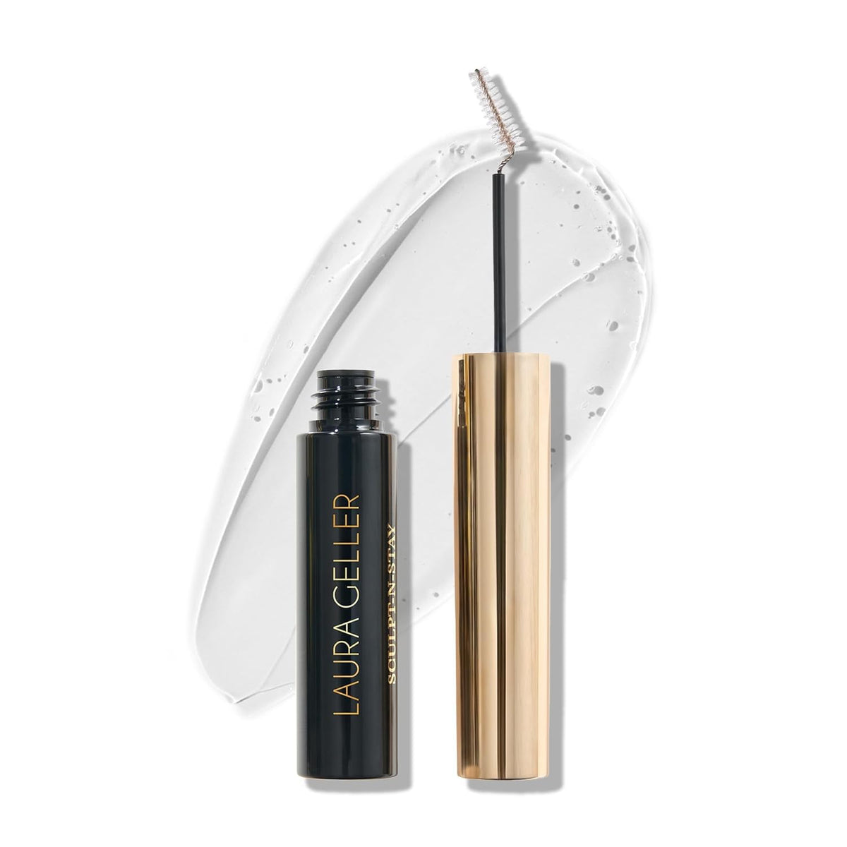 LAURA GELLER NEW YORK product front view shows compact dual-ended brow tool and benefits