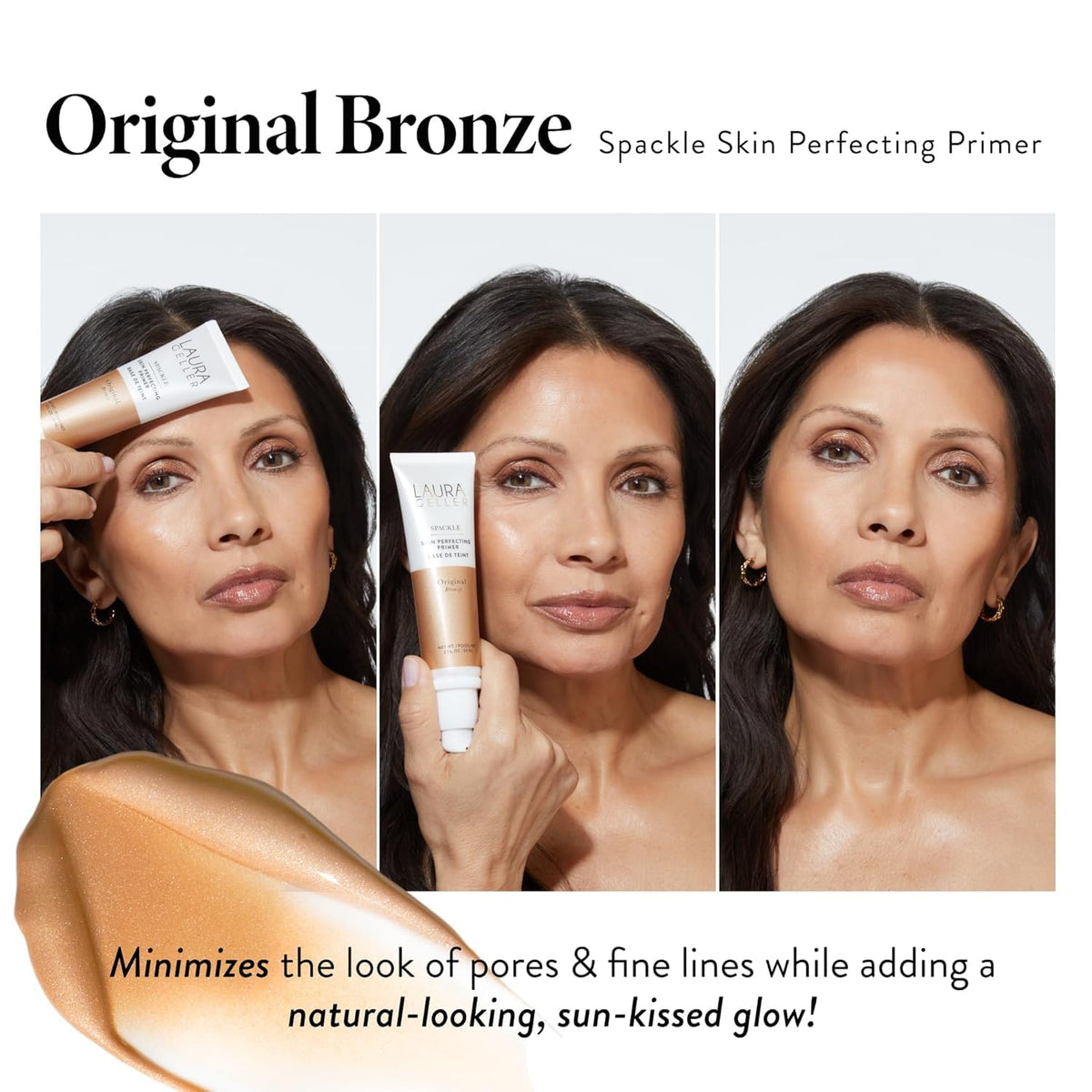 LAURA GELLER NEW YORK model applying primer to face for softer, even complexion