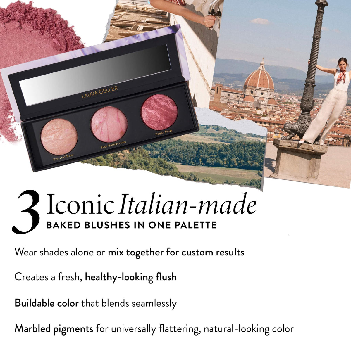 LAURA GELLER NEW YORK palette in hand conveying travel-friendly compact size