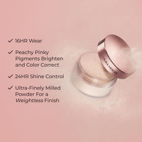 Laura Mercier applying powder with puff to set makeup for longer wear and matte finish