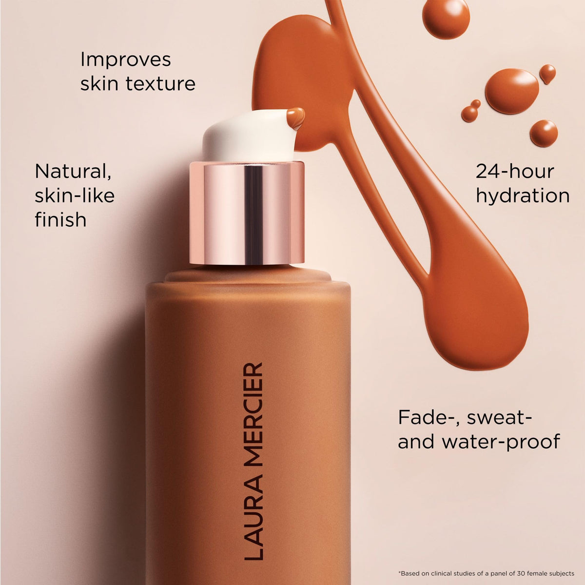 Laura Mercier bottle in hand showing compact scale and easy handling