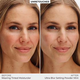 Laura Mercier brush applying mint powder to skin, controlling shine and evening tone