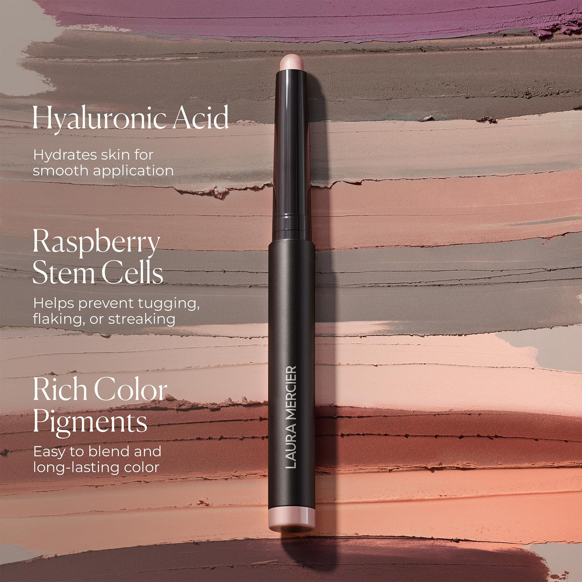Laura Mercier stick being applied to eyelid illustrating quick swipe-and-blend benefit