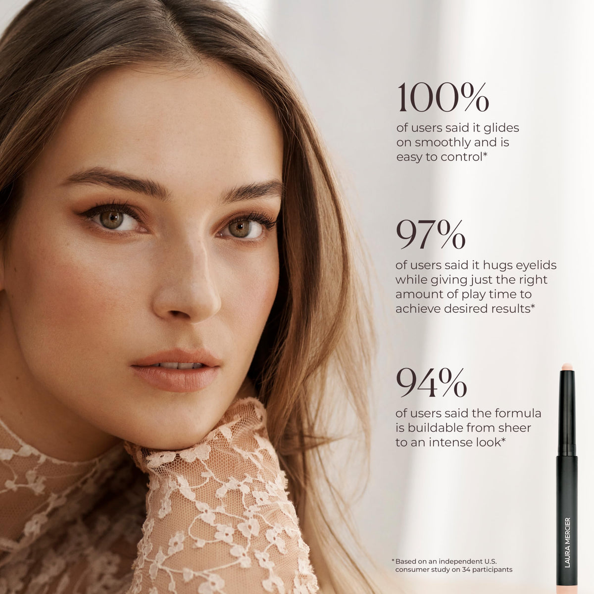Laura Mercier stick in hand illustrating compact travel-friendly size