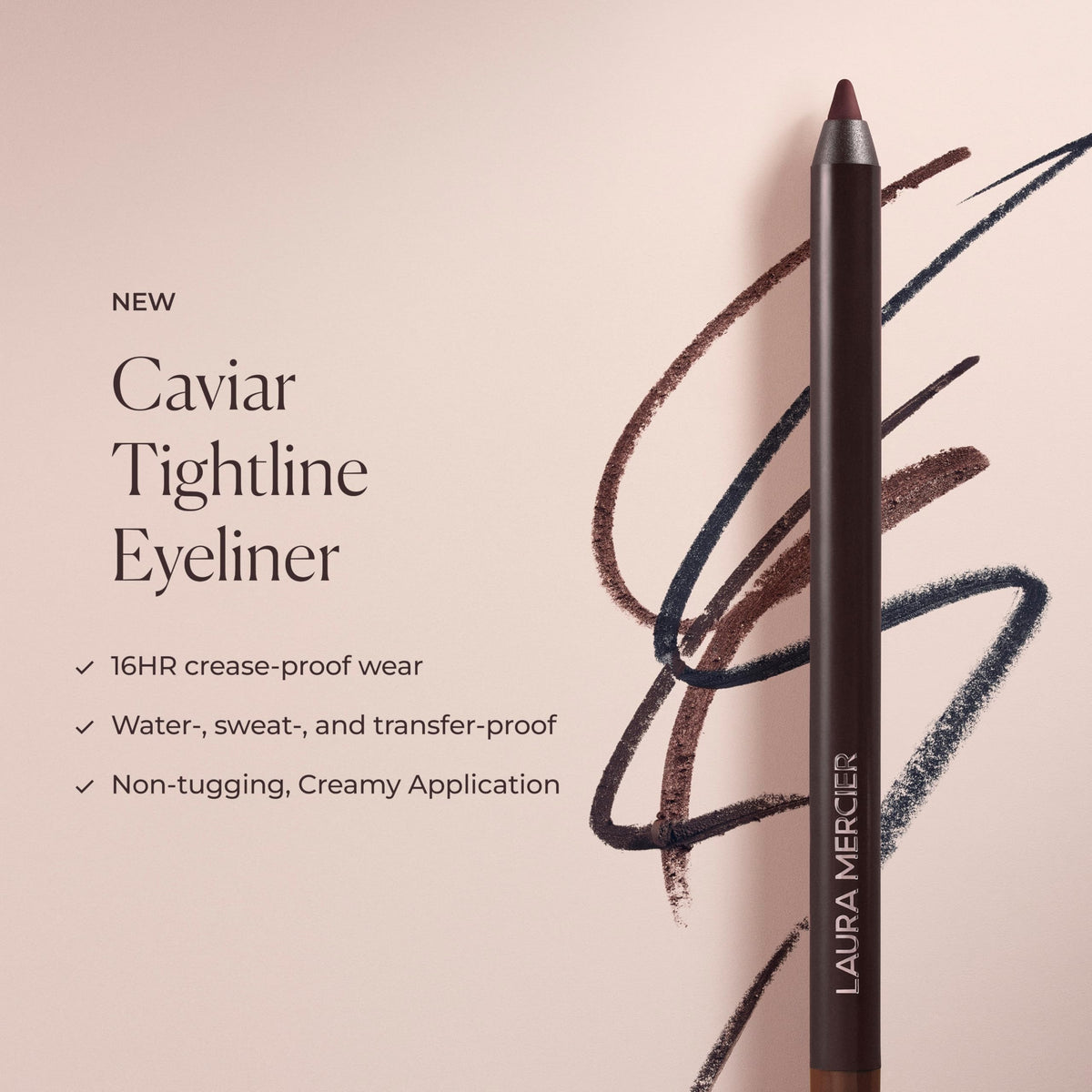 Laura Mercier eyeliner next to a ruler displaying compact size and travel-friendly convenience