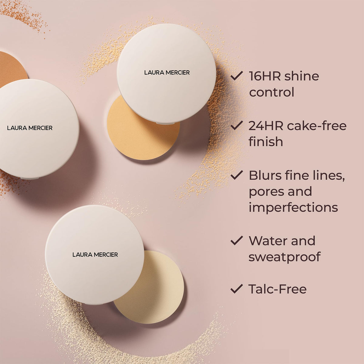 Laura Mercier compact held in hand to show scale and travel-friendly size