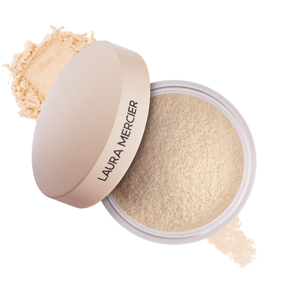 Laura Mercier front jar packaging shows translucent powder for natural finish