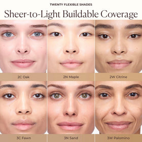 Laura Mercier in bathroom lifestyle portraying quick morning routine benefit