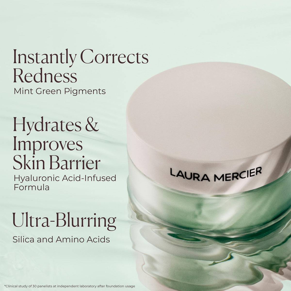 Laura Mercier product label and ingredient panel visible, showing hyaluronic acid inclusion