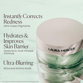 Laura Mercier product label and ingredient panel visible, showing hyaluronic acid inclusion