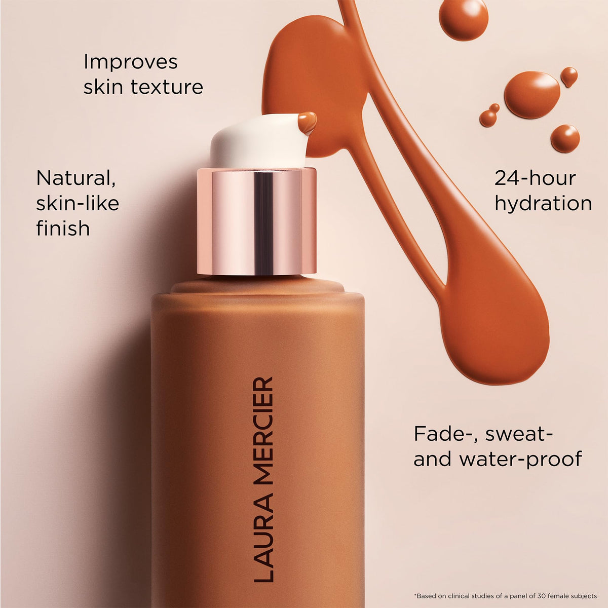 Laura Mercier foundation in a travel bag showing long-wear convenience