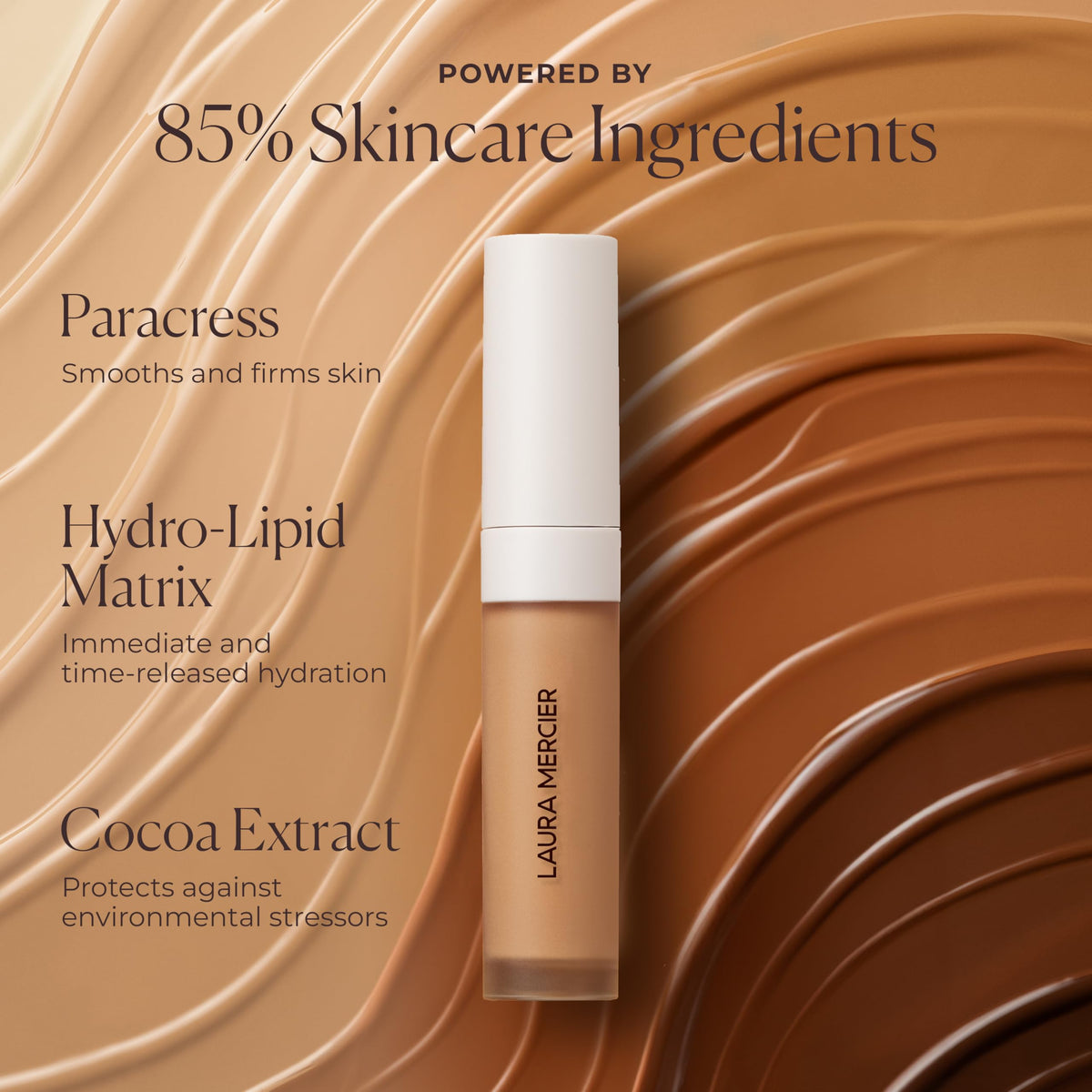 Laura Mercier lifestyle bathroom vanity scene showing everyday use benefit