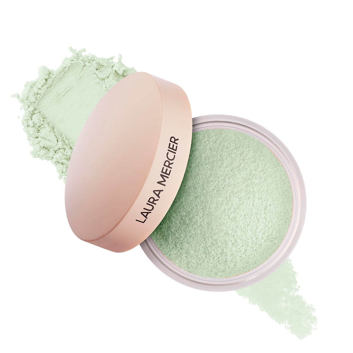 Laura Mercier front jar view showing mint powder and sleek packaging benefit: easy identification