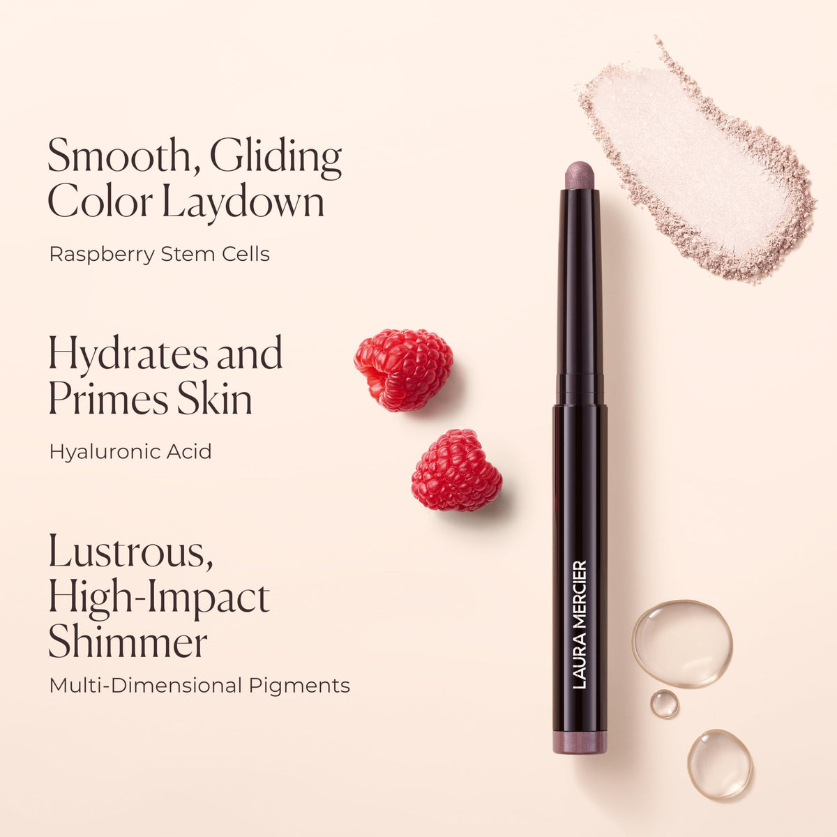 Laura Mercier application on eyelid demonstrating long-lasting shimmer for brightened eyes