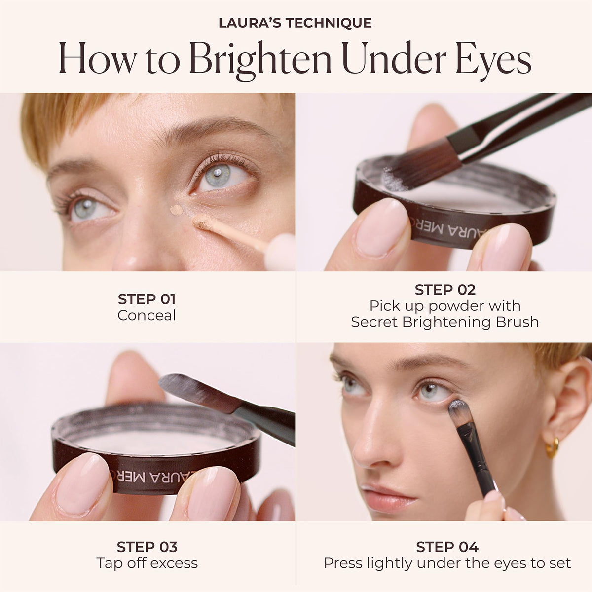 Laura Mercier powder staged beside concealer and brush demonstrating layering benefit