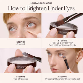 Laura Mercier powder staged beside concealer and brush demonstrating layering benefit