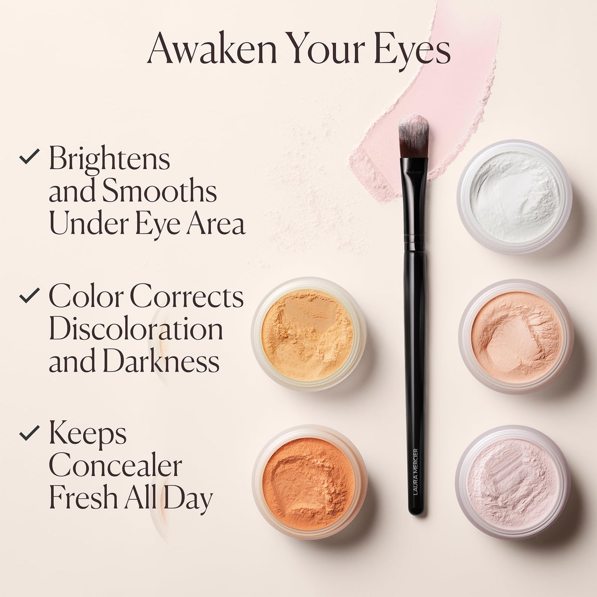 Peach and pink pigment swatches by Laura Mercier showing color-correcting balance