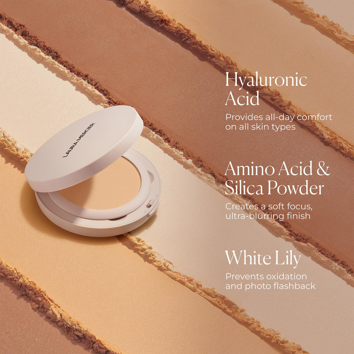 Laura Mercier powder being applied with brush for smooth, natural finish
