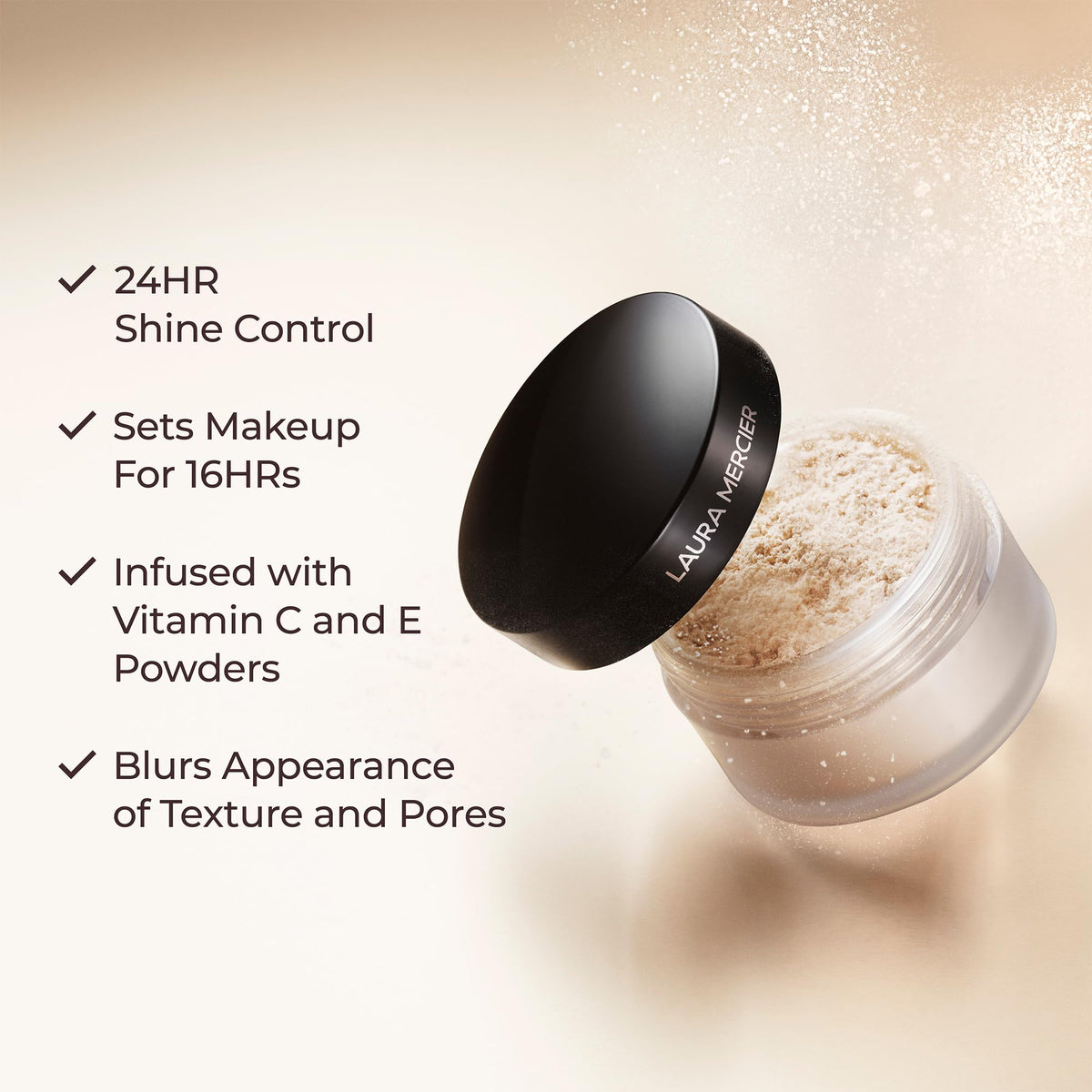 Close-up of Laura Mercier powder texture illustrating silky, non-cakey feel