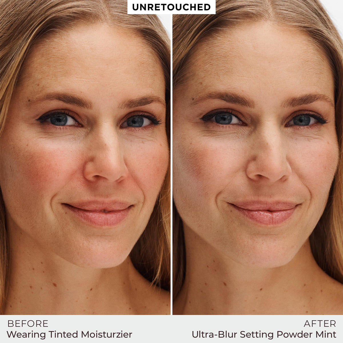 Laura Mercier brush applying powder on face demonstrating mattifying finish and reduced shine