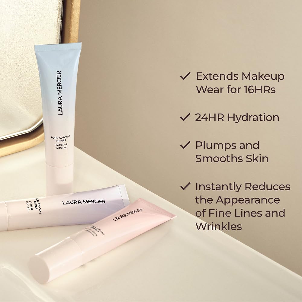 Laura Mercier primer hydrating applied on hand demonstrating hydration and smoothing benefit before foundation