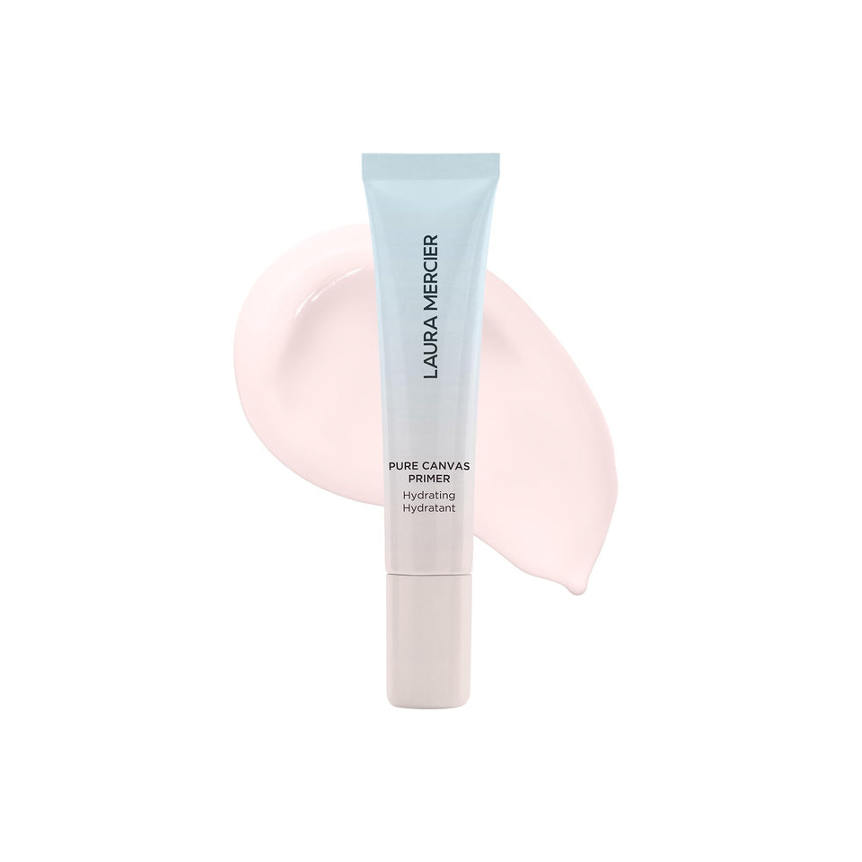 Laura Mercier primer hydrating front pump showing compact travel packaging and easy dispensing benefit