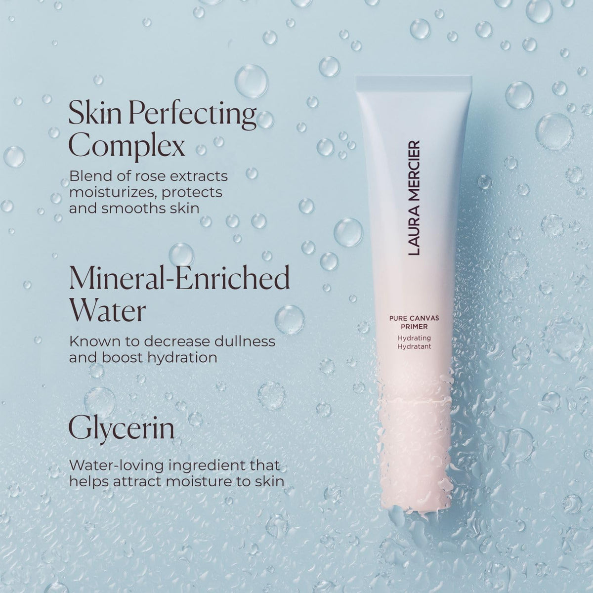 Laura Mercier primer held in hand showing size and travel-friendly scale