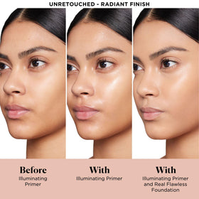 Laura Mercier primer texture on fingertip showing smooth spreadability benefit