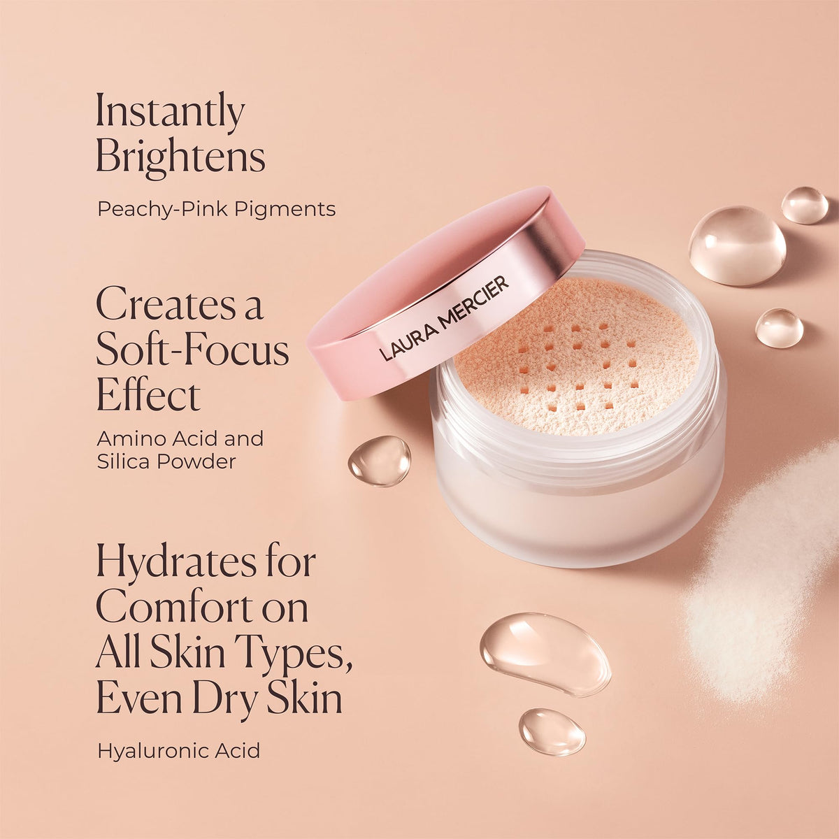 Laura Mercier scale comparison with compact and coin illustrating jar size