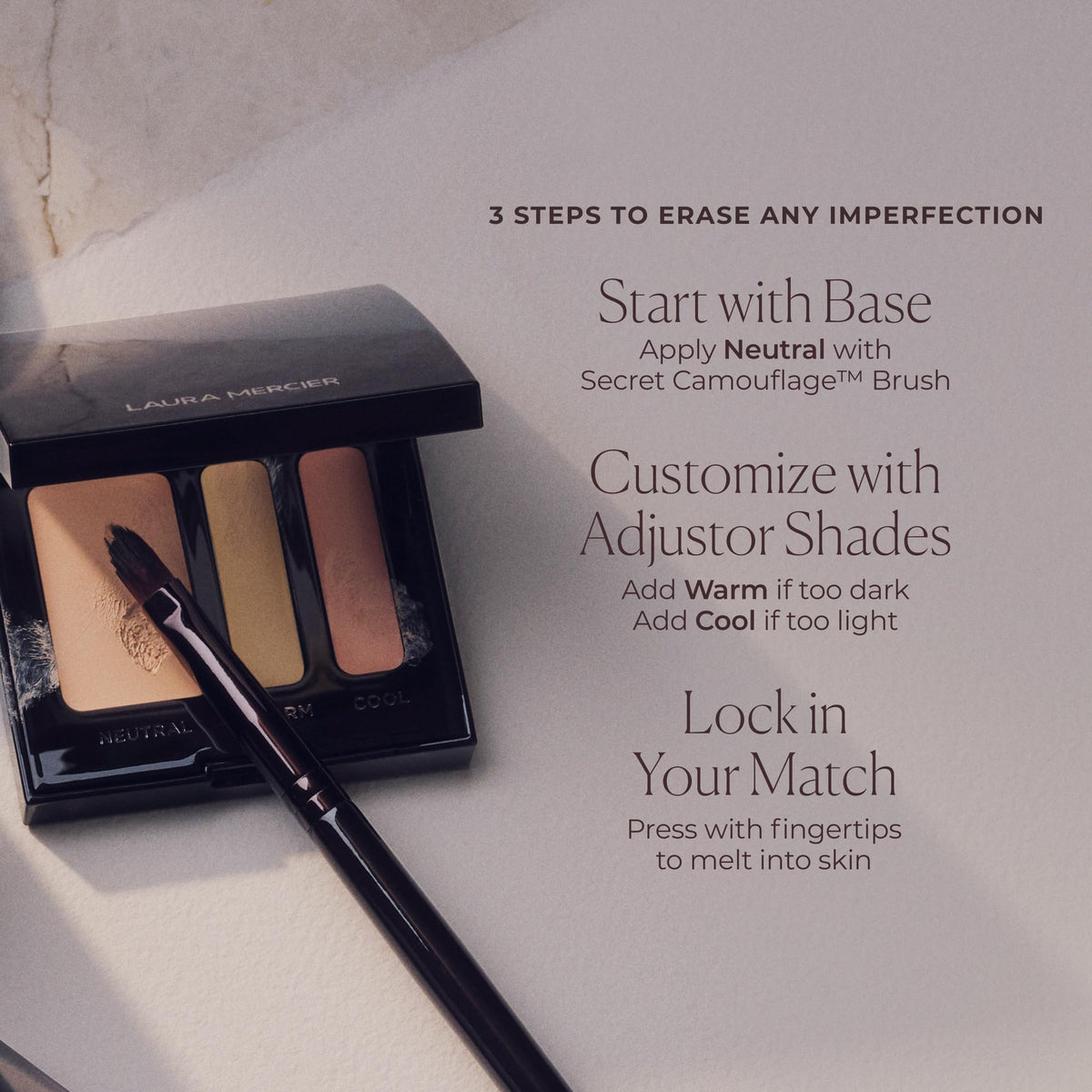 Laura Mercier before and after concealer spot correction demonstrating effective concealment