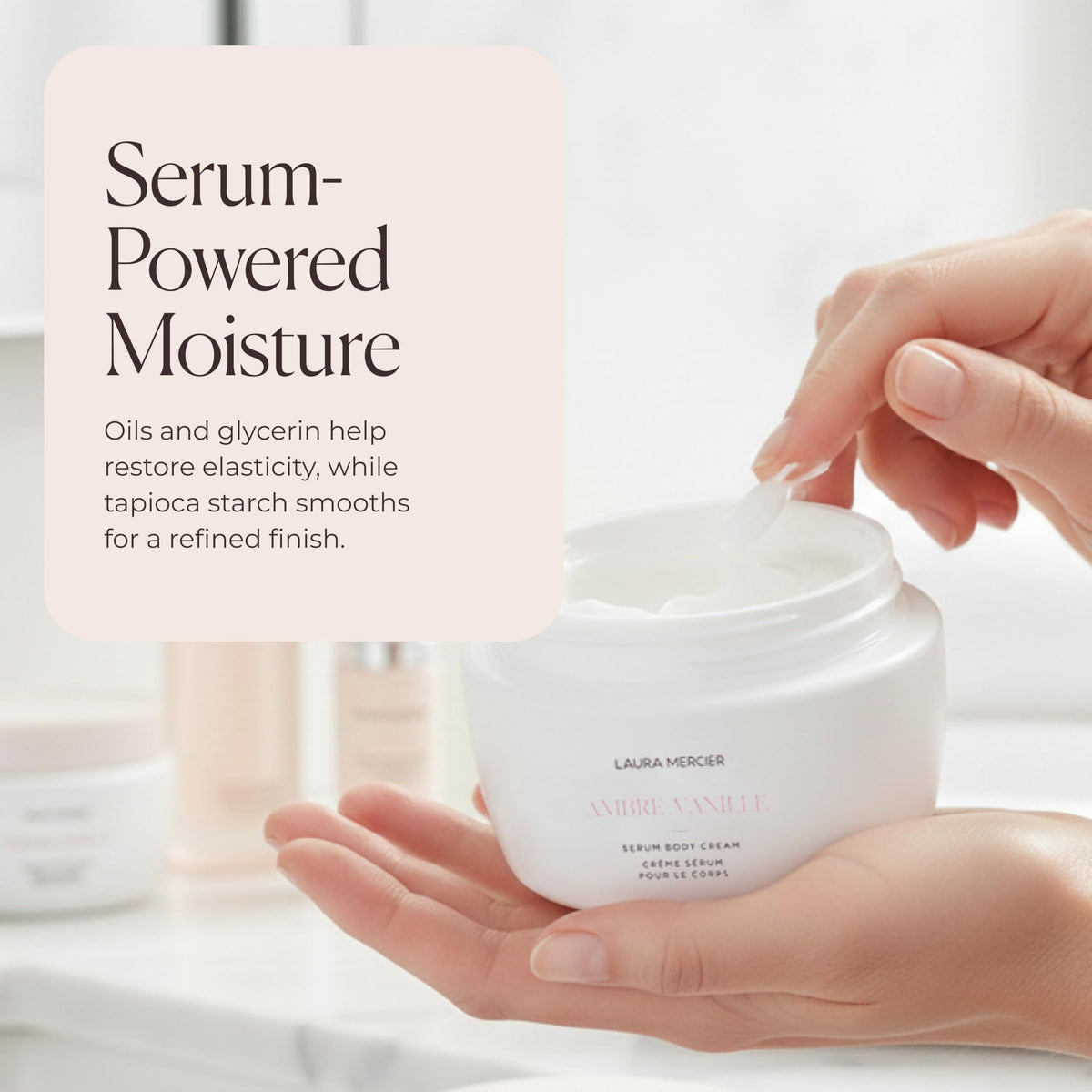 Laura Mercier jar held in hand to show scale and generous serving size for full-body use
