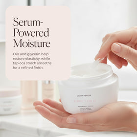 Laura Mercier jar in hand for scale illustrating generous size and easy daily use portability