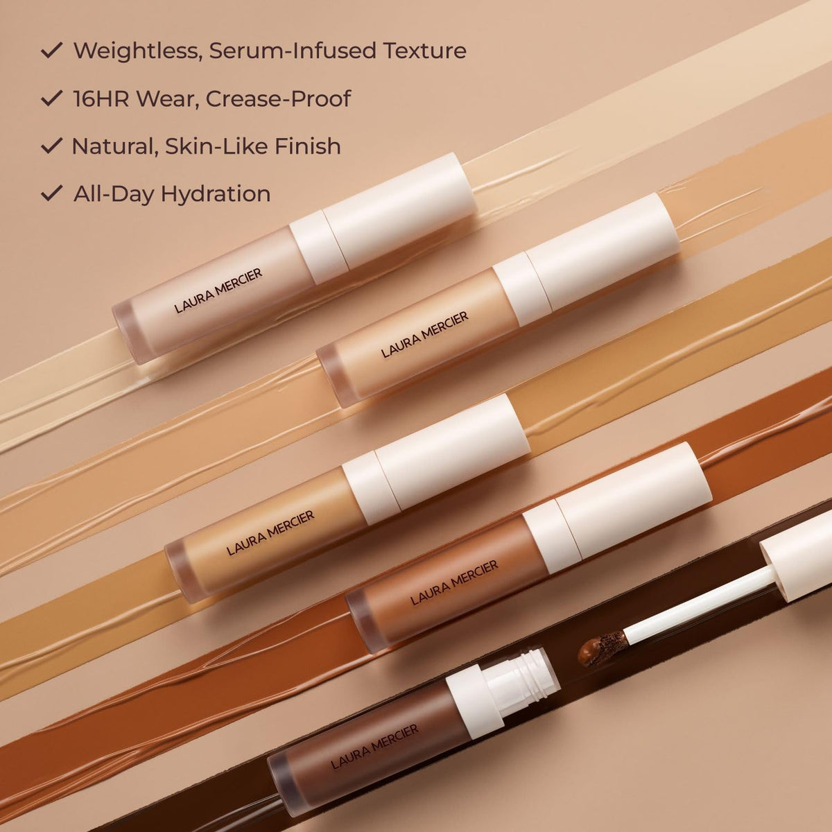 Laura Mercier size and scale next to fingers revealing travel-friendly size
