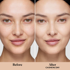 Laura Mercier swatch in Cashew shade showing true-to-tone medium coverage