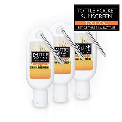 L'AUTRE PEAU front pack showing three 1oz tubes and carabiner for travel convenience