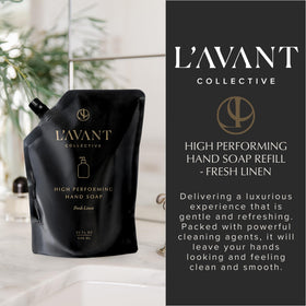 L'AVANT Collective styled bathroom sink with glass dispenser showing elegant refill option