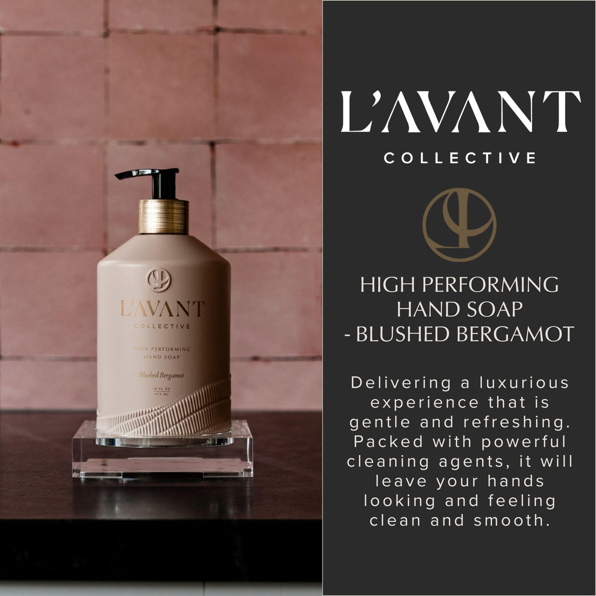 L'AVANT Collective bottle next to refill pouch for size comparison, encourages waste reduction