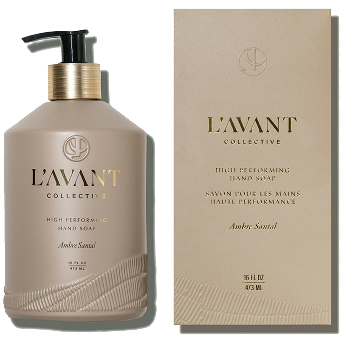 L'AVANT Collective front bottle showing Ambre Santal label and brushed gold pump for elegant display