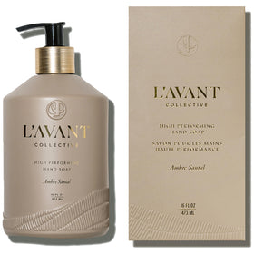 L'AVANT Collective front bottle showing Ambre Santal label and brushed gold pump for elegant display
