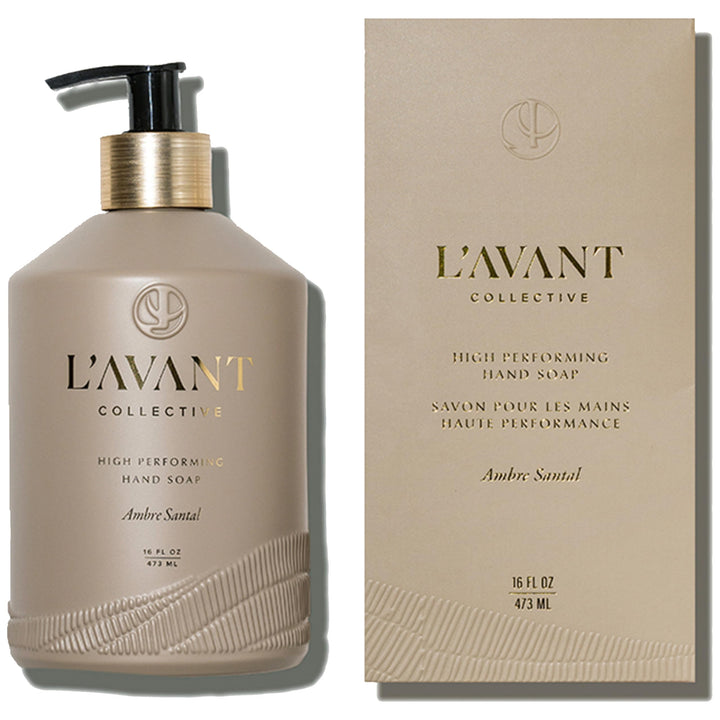 L'AVANT Collective front bottle showing Ambre Santal label and brushed gold pump for elegant display