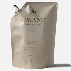 L'AVANT Collective pouch front view showing label and refill benefit