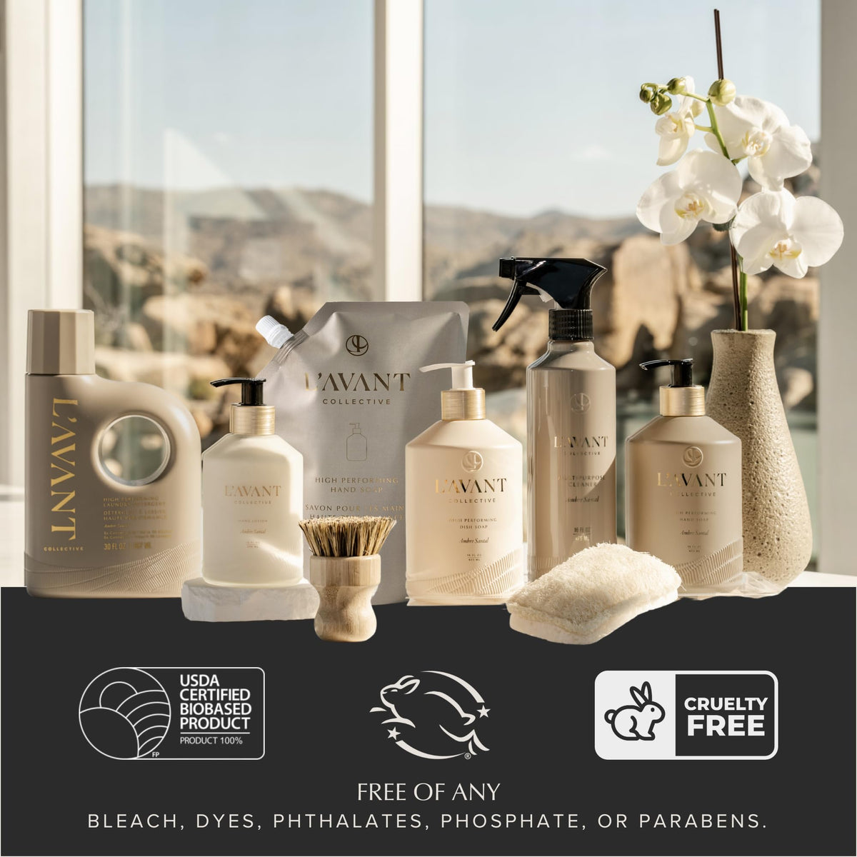 L'AVANT Collective Ambre Santal pouch next to glass dispenser, elegant bathroom benefit