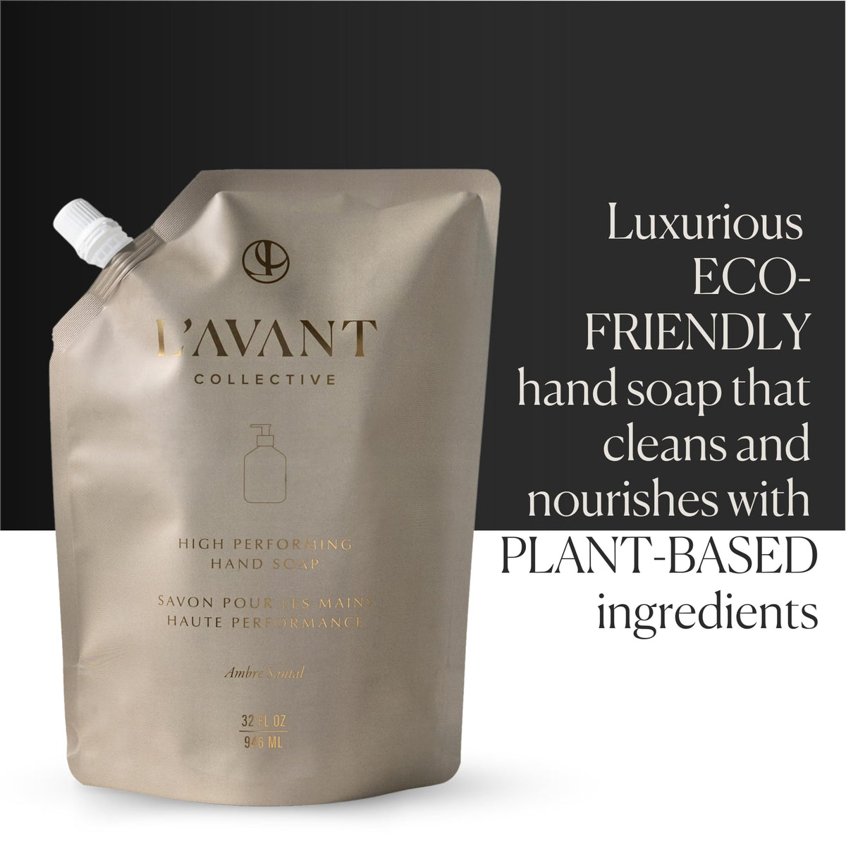 L'AVANT Collective pouch being poured into a glass bottle, easy refill benefit