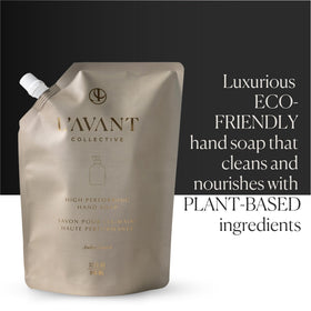 L'AVANT Collective pouch being poured into a glass bottle, easy refill benefit